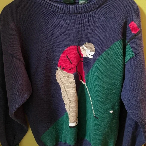 SOLD-Men's Golf Graphic Sweater - Navy and Red - Picture 1 of 2